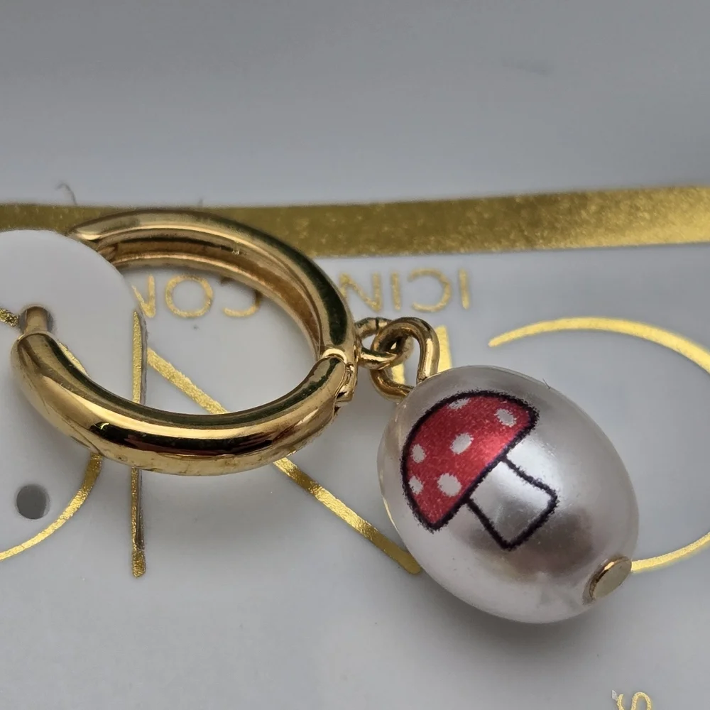 Icing Gold-Plated Mushroom Hoop Earrings w/ Faux Pearl Charms - Picture 7 of 7